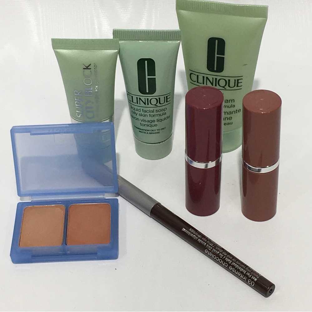 Clinique Lot 7 Pcs Full & Travel Sz Cosmetics Makeup Cleanser NEW Lipstick Blush